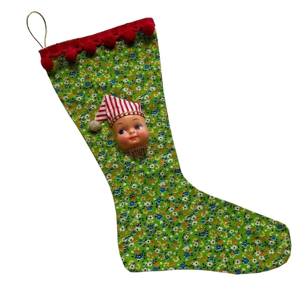 Christmas Stocking with Dolly Face Holiday Decor Xmas Vintage Handmade